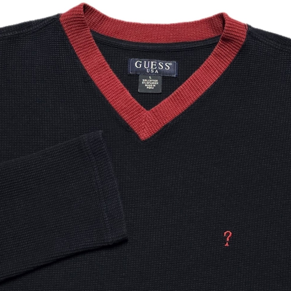 VTG Guess USA Mens V Neck Waffle Knit Sweater Sz Large Black‎ Red Long Sleeve